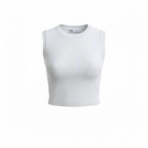 Zara White Ribbed Crewneck Cropped Tank Size Medium